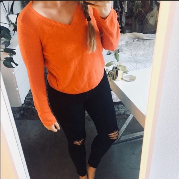 ANTHROPOLOGIE Moth Orange VNeck Tie Back Open Knit Detail Pullover Sweater M - Picture 6 of 8